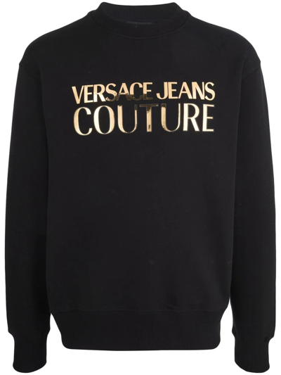 Versace Jeans Couture Thick Foil Black Cotton Sweatshirt And Metallized Logo Print Versae Jeans Couture Man In Neutrals