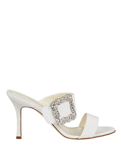 Manolo Blahnik Gable Silk Crystal Buckle Slide Sandals, Cream In White