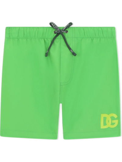 Dolce & Gabbana Kids' Logo-print Drawstring Swim Shorts In Green