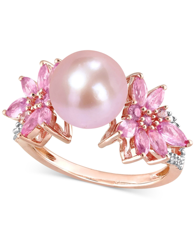 Macy's Cultured Freshwater Pearl (9mm), Sapphire (1-5/8 Ct. T.w.) & Diamond (1/8 Ct. T.w.) In 14k White Gol In Pink Sapphire