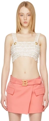 Balmain Cropped Button-embellished Metallic Bouclé-tweed Top In Gad Blanc/or