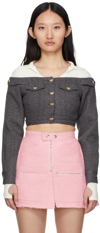 Bonbom Grey Cropped Off Shoulder Jacket In Grey