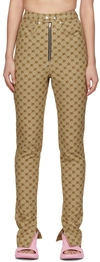 Bonbom Beige Monogram Slit Bottom Jeans In Camel
