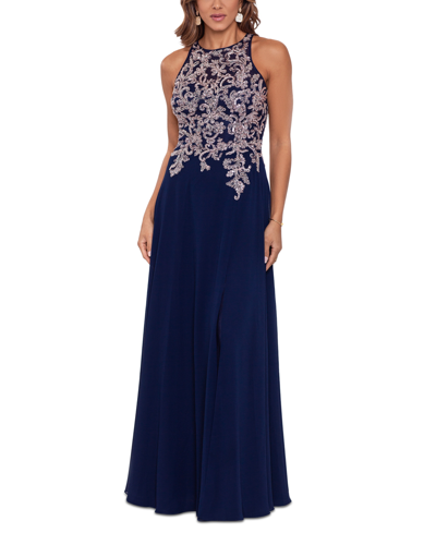 Betsy & Adam Embellished Bodice Chiffon Gown In Blue