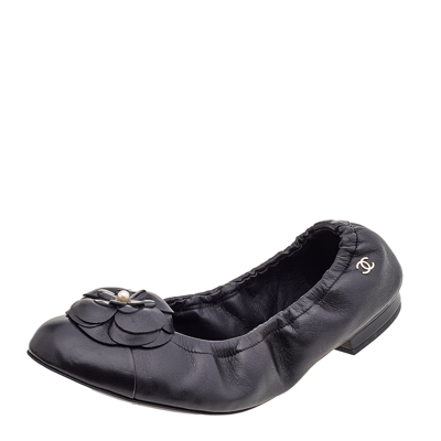 Pre-owned Black Leather Camellia Ballet Flats Size 36