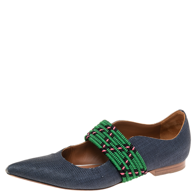 Pre-owned Malone Souliers Navy Blue/green Canvas And Fabric Martina Luwolt Ballet Flats Size 36