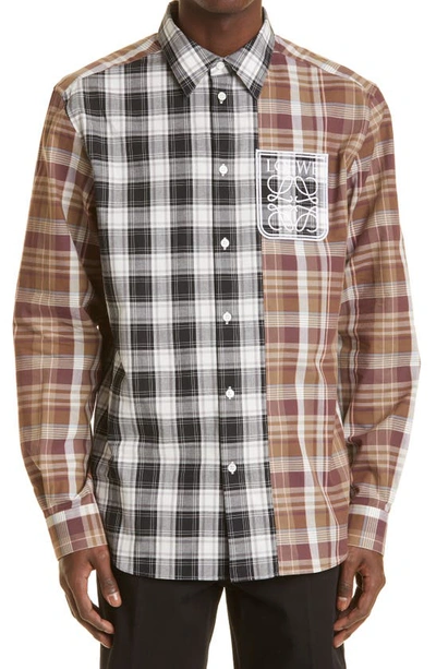 Loewe Anagram-embroidered Patchwork Plaid-cotton Shirt In Brown