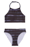 Zella Girl Kids' Just Breathe Reversible Two-piece Swimsuit In Black Shibori Stripe