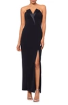 Betsy & Adam Long Strapless Crepe Tuxedo Top Dress In Black/ Black
