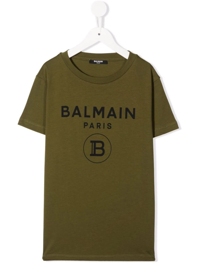 Balmain Kids Olive Green T-shirt With Black Logo Print In Verde