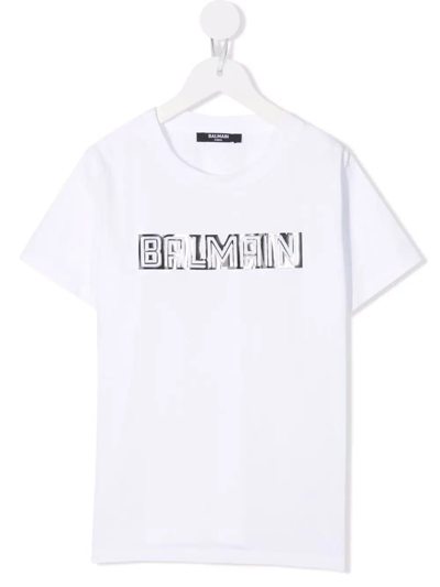Balmain Kids White T-shirt With White And Silver Mirrored Square Logo In Bianco/argento