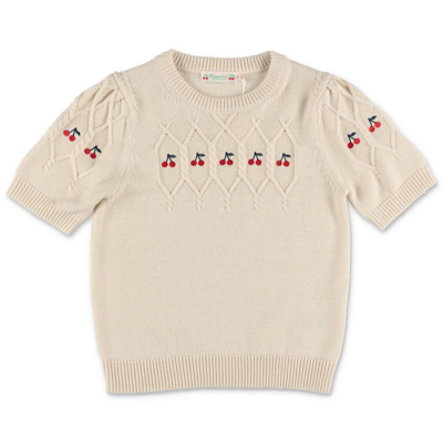 Bonpoint Kids' Beige Sweater For Girl With Iconic Cherries In Ivory