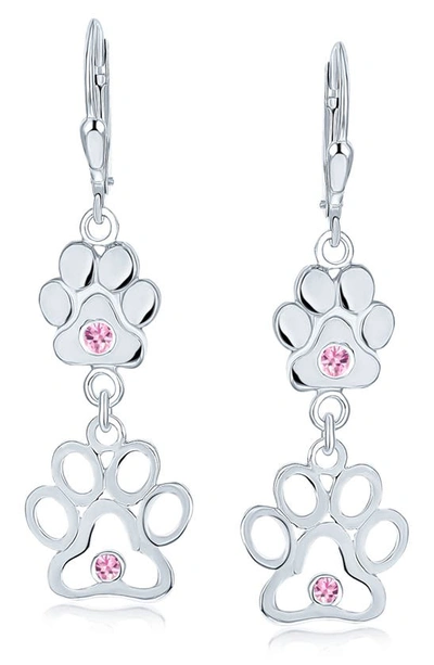 Bling Jewelry Pet Lover Sterling Silver Cz Paw Print Double Drop Earrings In Pink