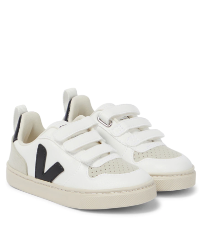 Veja Kids' V-10 Coated Organic Strap Sneakers In Bianco-nero