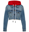 Palm Angels Cropped Denim Jacket With Removable Hood In Blue Red