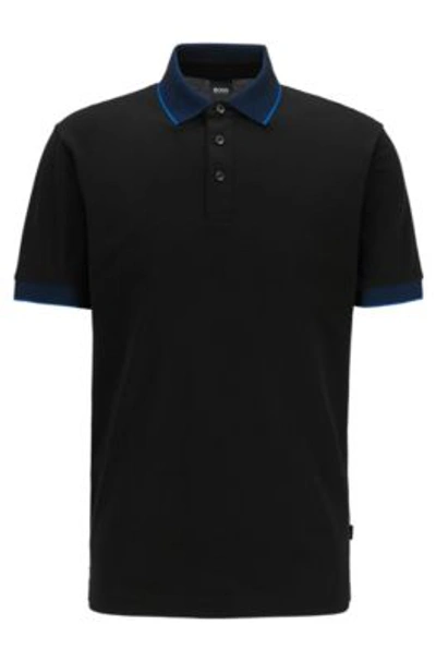 Hugo Boss Cotton Polo Shirt With Embroidered-logo Collar- Black Men's Polo Shirts Size S