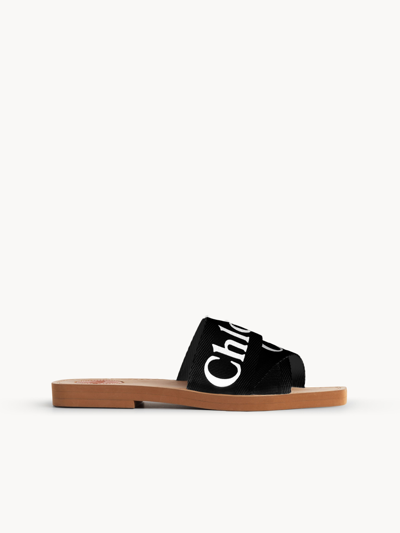 Chloé Chloe Women Black Linen Woody Slippers In Multi