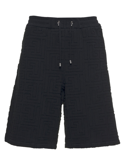 Balmain Cotton Monogram Printed Bermuda Shorts In Black