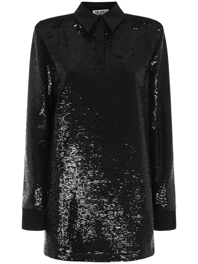 Attico Satin-trimmed Sequined Jersey Mini Shirt Dress In Black