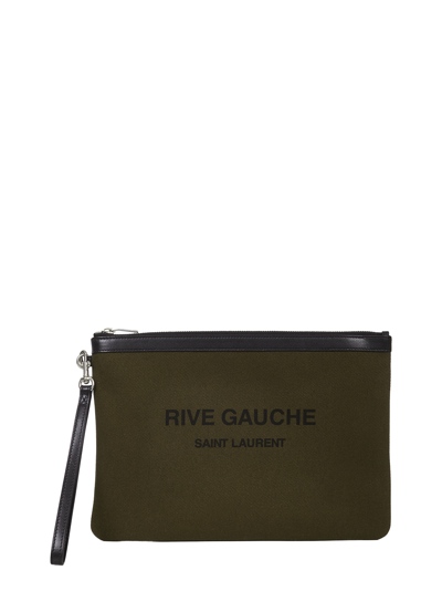 Saint Laurent Leather-trimmed Logo-print Canvas Pouch In Military Green