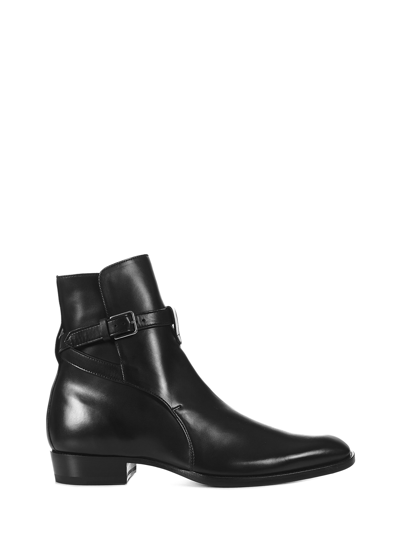 Saint Laurent Buckle-fastened Ankle Boots In Black
