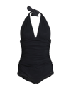 Dolce & Gabbana Black Gathered One-piece Swimsuit With Logo Patch In Stretch Polyamide Woman In Black