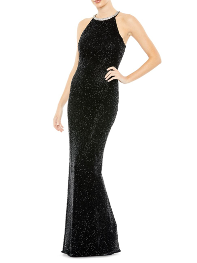 Mac Duggal Halter Neck Sequin Gown In Black