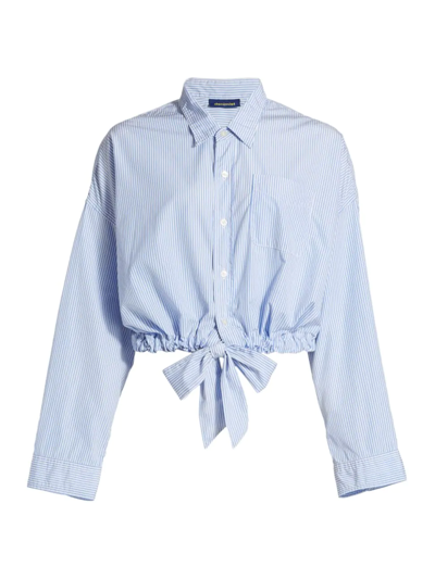 Denimist Cropped Tie-front Striped Cotton-poplin Shirt In Light Blue Stripe