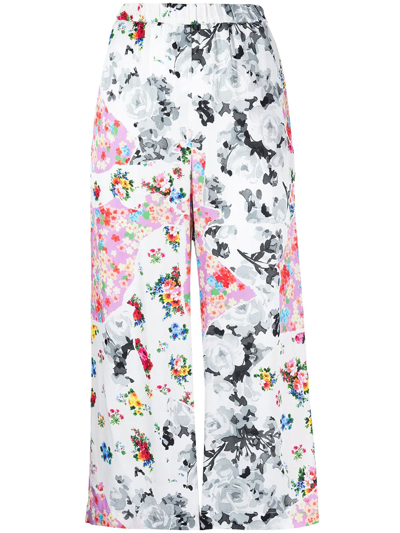 Msgm Floral Patchwork-print Cropped Trousers In White