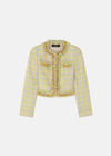 Versace Check-print Chain-applique Crop Jacket In Lilac+yellow