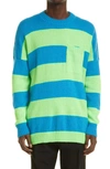 Jw Anderson Blue & Green Striped Patchpocket Sweater In Blue Green