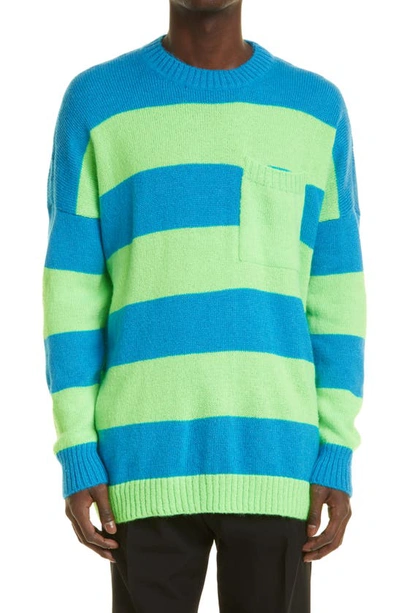 Jw Anderson Blue & Green Striped Patchpocket Sweater In Blue/ Green