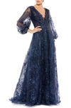 Mac Duggal Embellished Plunge Neck Puff Sleeve A-line Gown In Midnight