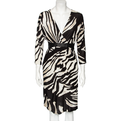Pre-owned Roberto Cavalli Monochrome Printed Jersey & Leather Detailed Draped Dress S In Black