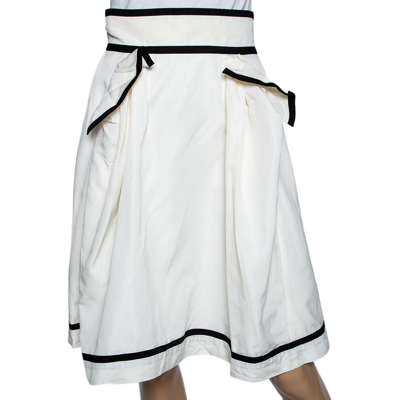 Pre-owned Saint Laurent Ecru Cotton Contrast Trimmed Pleated Skirt M In White