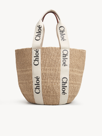 Chloé Large Panier Woody En Fibres Naturelles Femme Blanc Taille Onesize 100% Papier Textile, Cuir De Veau