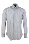 Barba Napoli Long-sleeved Cult Shirt With French Collar With Gray And Blue Stripes On A White Base In Cotton And  In White