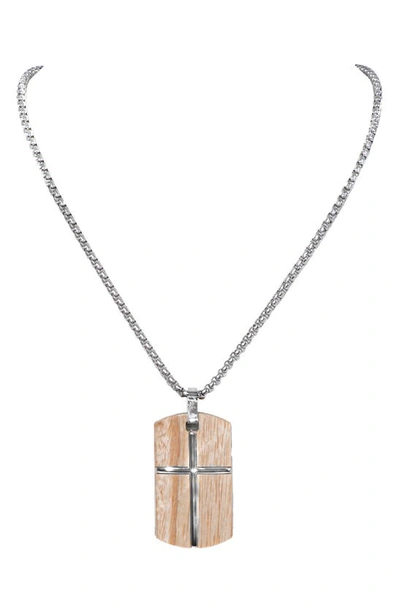 Ed Hardy Wood Metal Cross Pendant Necklace In Silver/ Brown