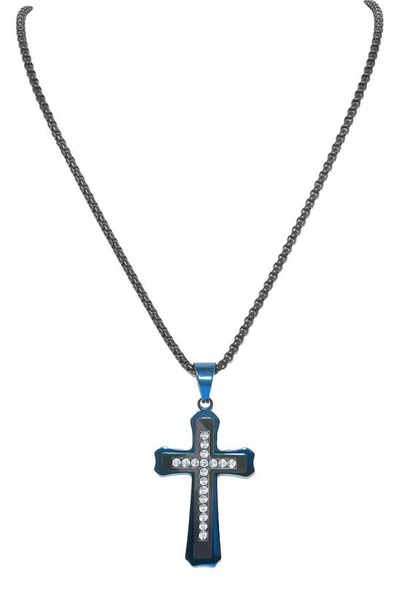 American Exchange Crystal Blue Cross Pendant Necklace In Blue Ip/ Brush Matte