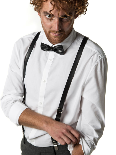 Mio Marino Leather Y-back Suspenders And Bow Tie Set In Pitch Onyx