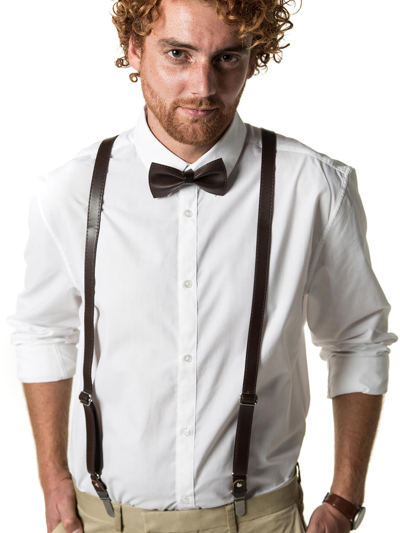 Mio Marino Leather Y-back Suspenders And Bow Tie Set In Dark Umber