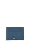 Hugo Boss Italian-leather Card Holder With Silver-effect Logo- Dark Blue Men's Wallets