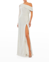 Mac Duggal Off-the-shoulder Beaded Side Shirred Gown In White