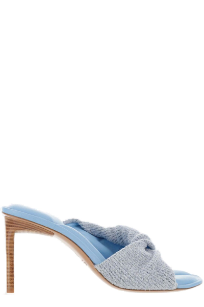Jacquemus Bagnu Twisted-strap Terry And Leather Mules In Light Blue
