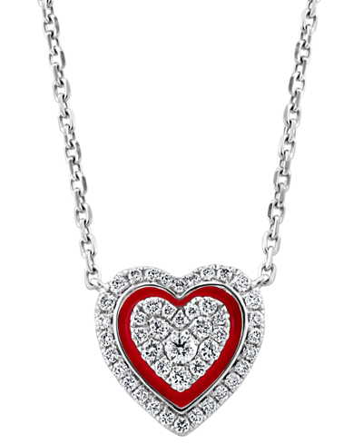 Effy Collection Effy Diamond & Enamel Heart Halo 18" Pendant Necklace (1/4 Ct. T.w.) In 14k White Gold