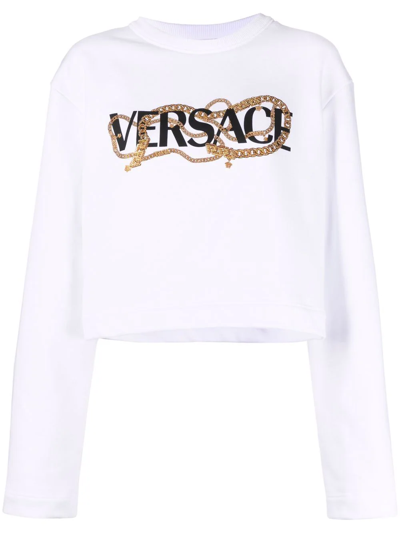 Versace Chain Logo Graphic Cotton Crop Sweatshirt In White