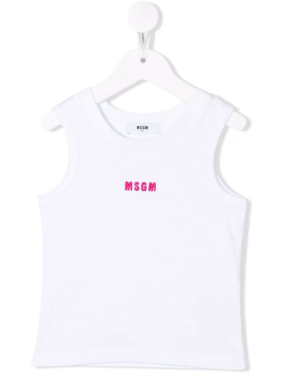 Msgm Kids' Logo-embroidered Fine-ribbed Tank Top In White