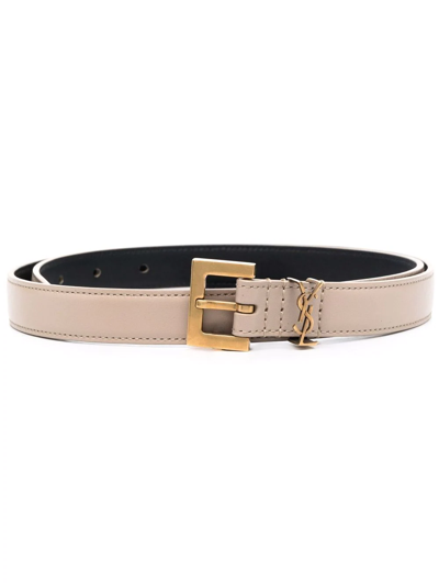 Saint Laurent Monogram Square-buckle Belt In Nude & Neutrals