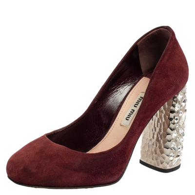 Pre-owned Miu Miu Burgundy Suede Crystal Embellished Block Heel Pumps Size 35