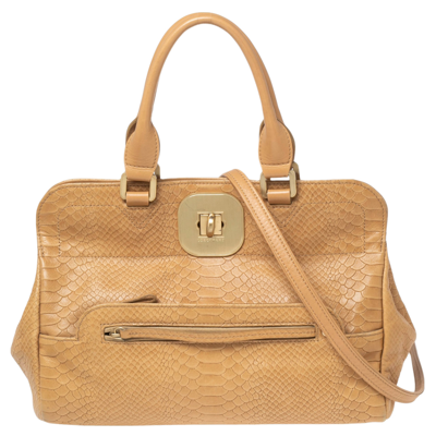 Pre-owned Longchamp Beige Python Embossed Leather Gatsby Tote